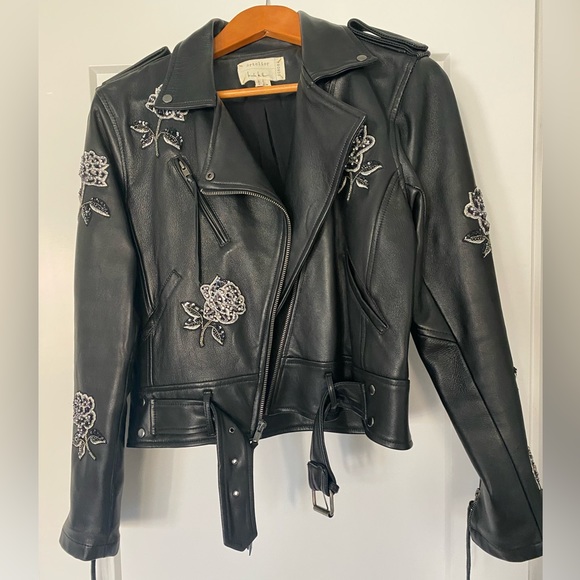 Nicole Miller Embellished Rose Moto Leather Jacket - Picture 2 of 5